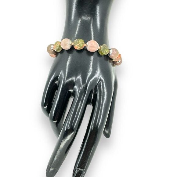 Beaded Bracelet Unakite & Wood Beaded in Sterling Silver Spring Ring Clasp - Picture 1 of 5